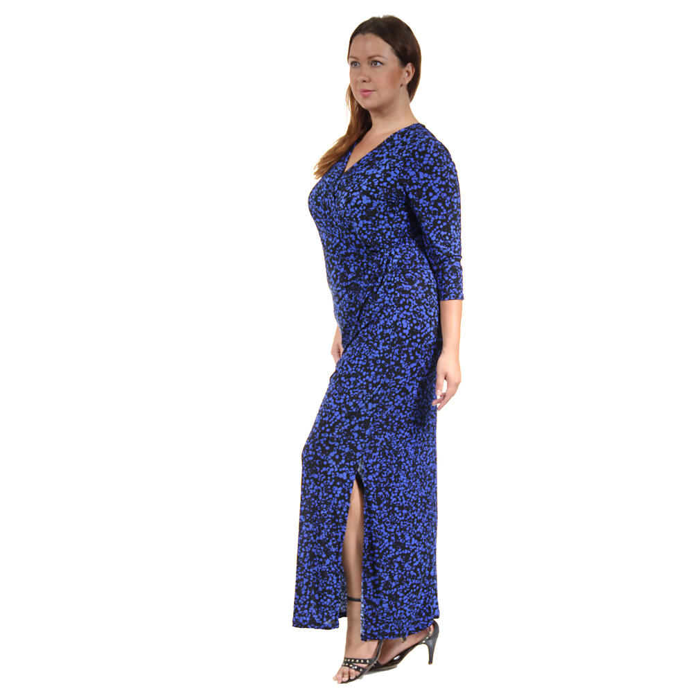 24&#47;7 Comfort Apparel Women's Plus Size Blue Polka Dot Printed Wrap Dress