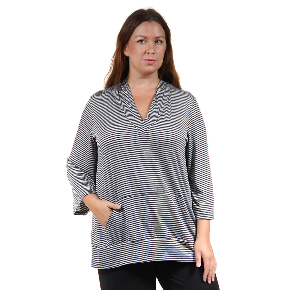 24&#47;7 Comfort Apparel Women's Plus Size 3/4 Sleeve Grey Stripped Hoodie Top