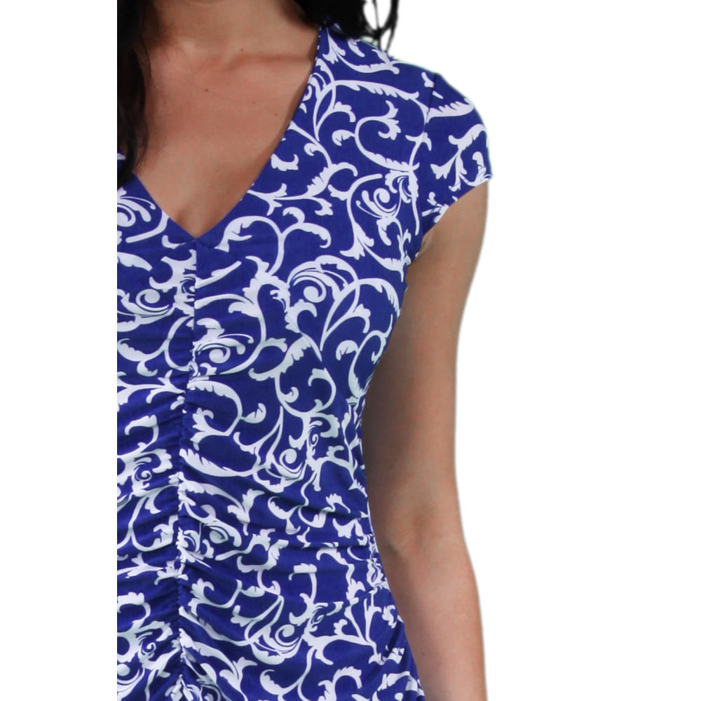 24&#47;7 Comfort Apparel Women's Abstract Blue Shirred Dress