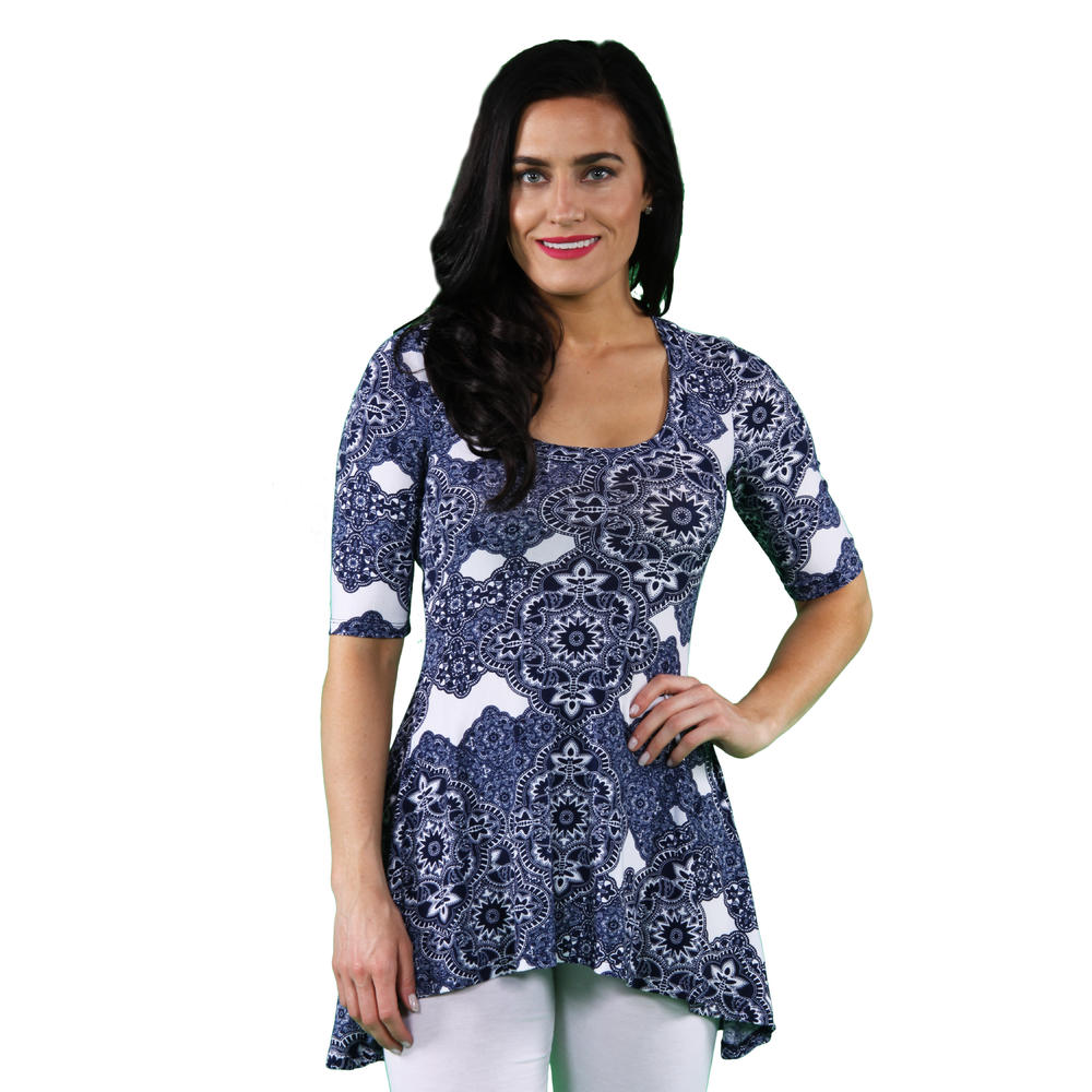 24&#47;7 Comfort Apparel Women's Blue Chateau Printed Tunic