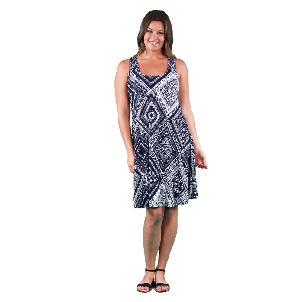 24&#47;7 Comfort Apparel Women's Plus Size Blue-Cream Rectangle Print Tank Dress