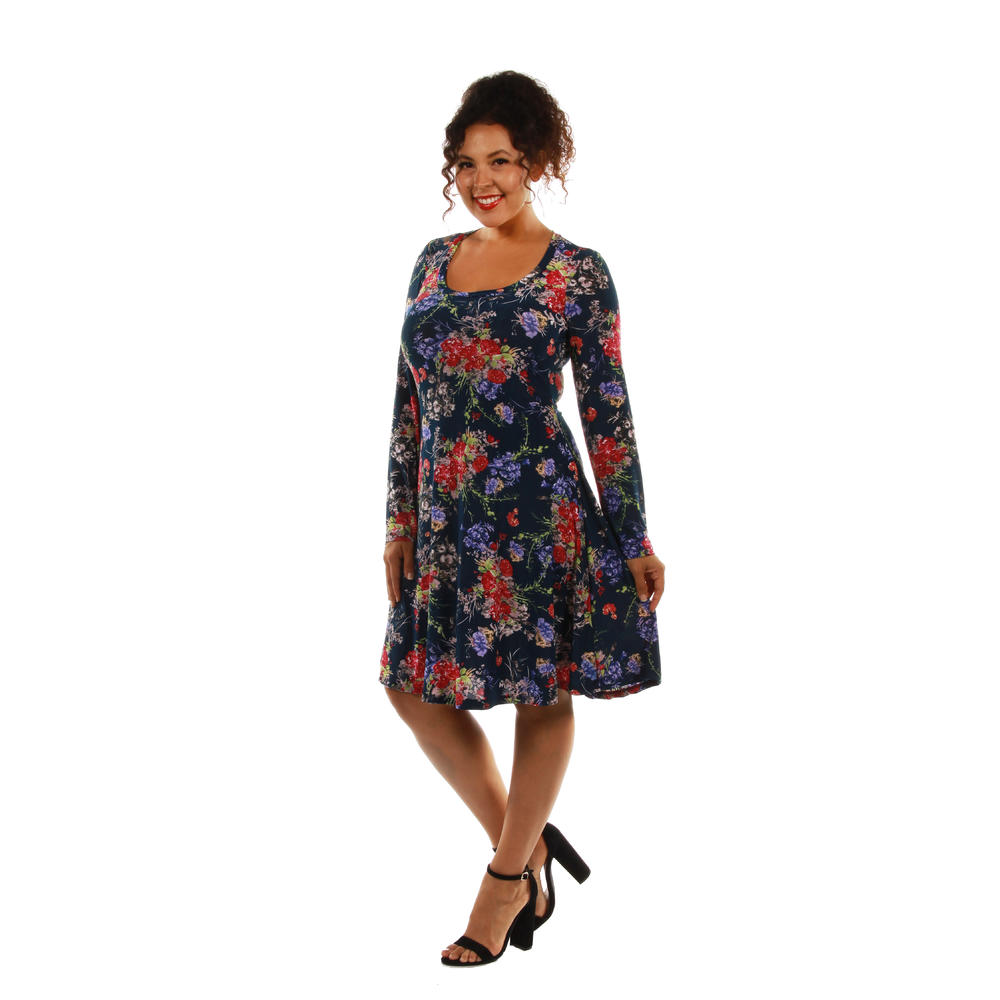 24&#47;7 Comfort Apparel Women's Plus Size Long Sleeve Floral Midi Dress