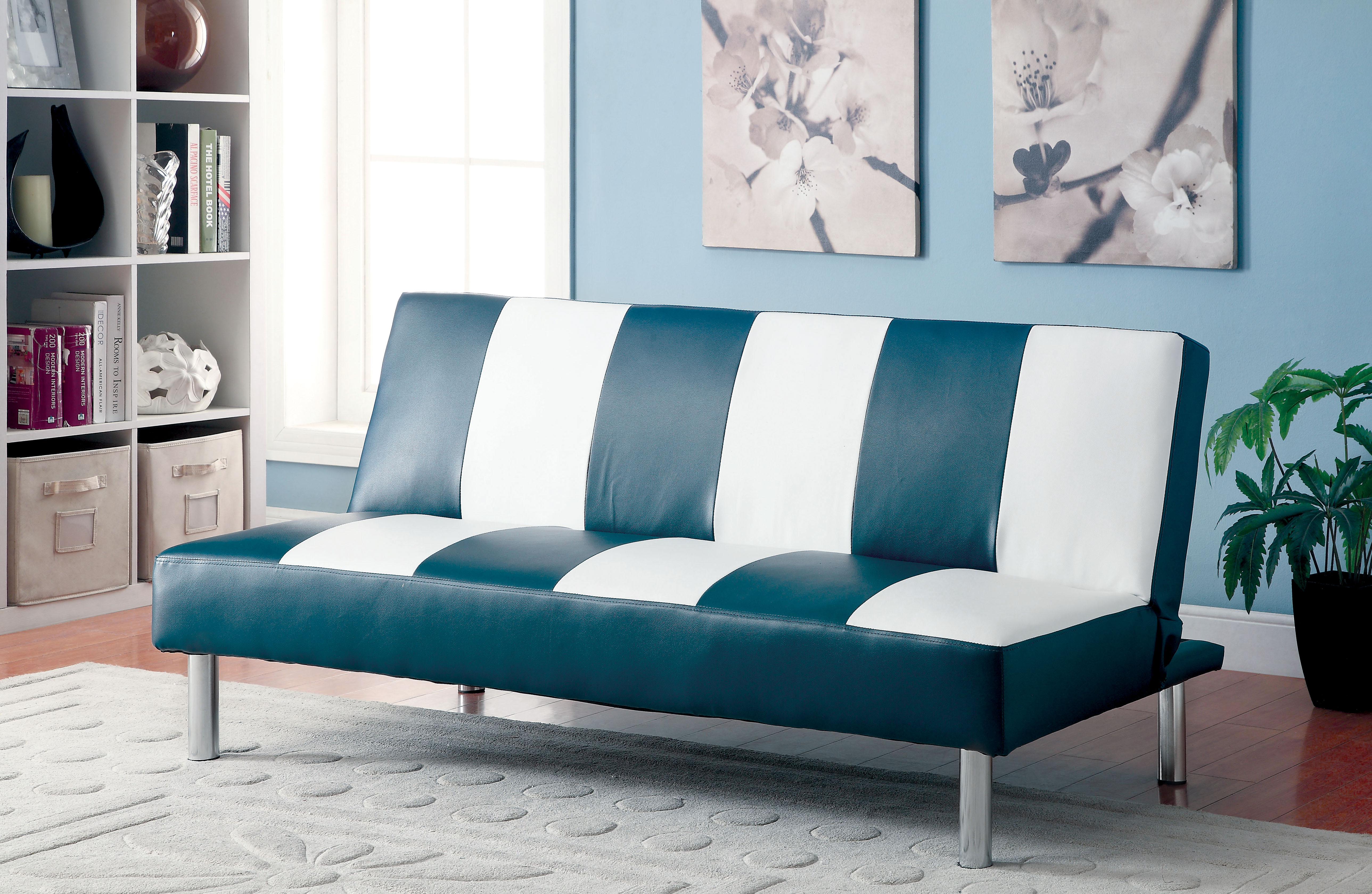 Furniture of America Striped Blue White Marina Leatherette Futon