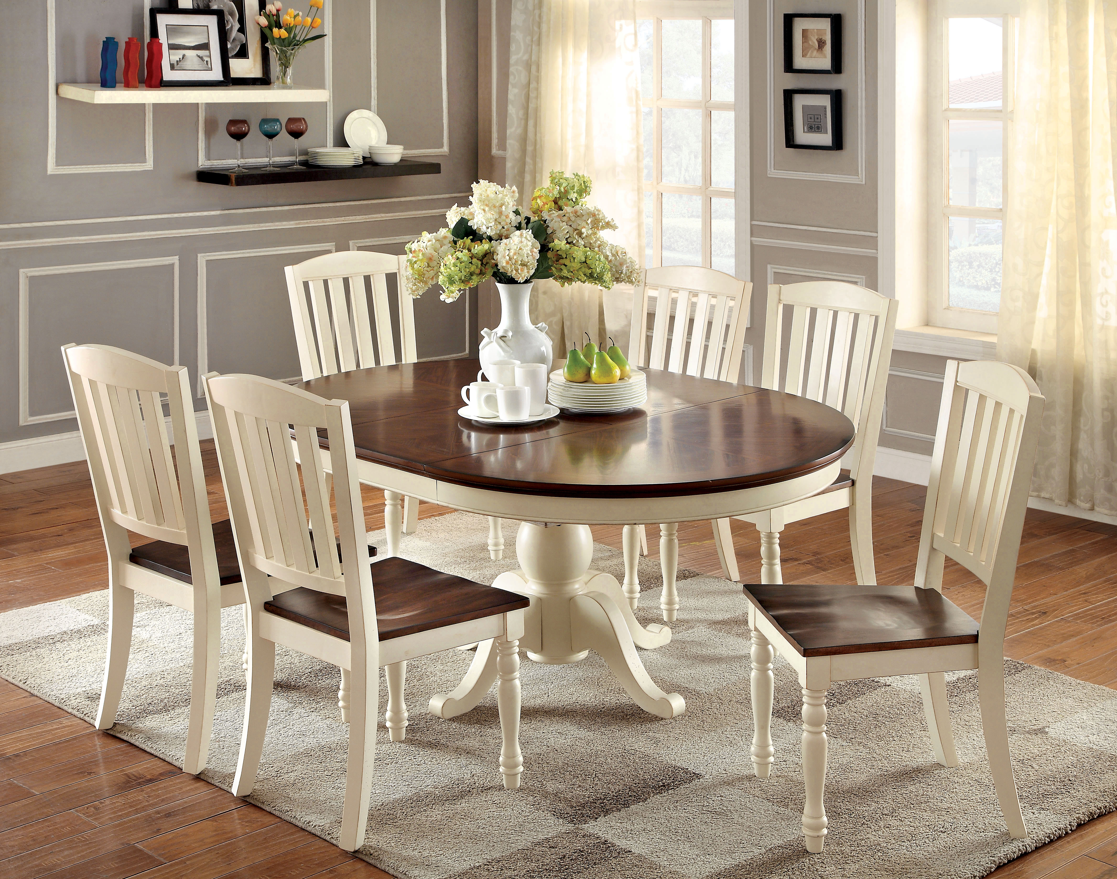 Furniture of America Vintage White Lanie 7 Piece Cottage Oval Dining Set