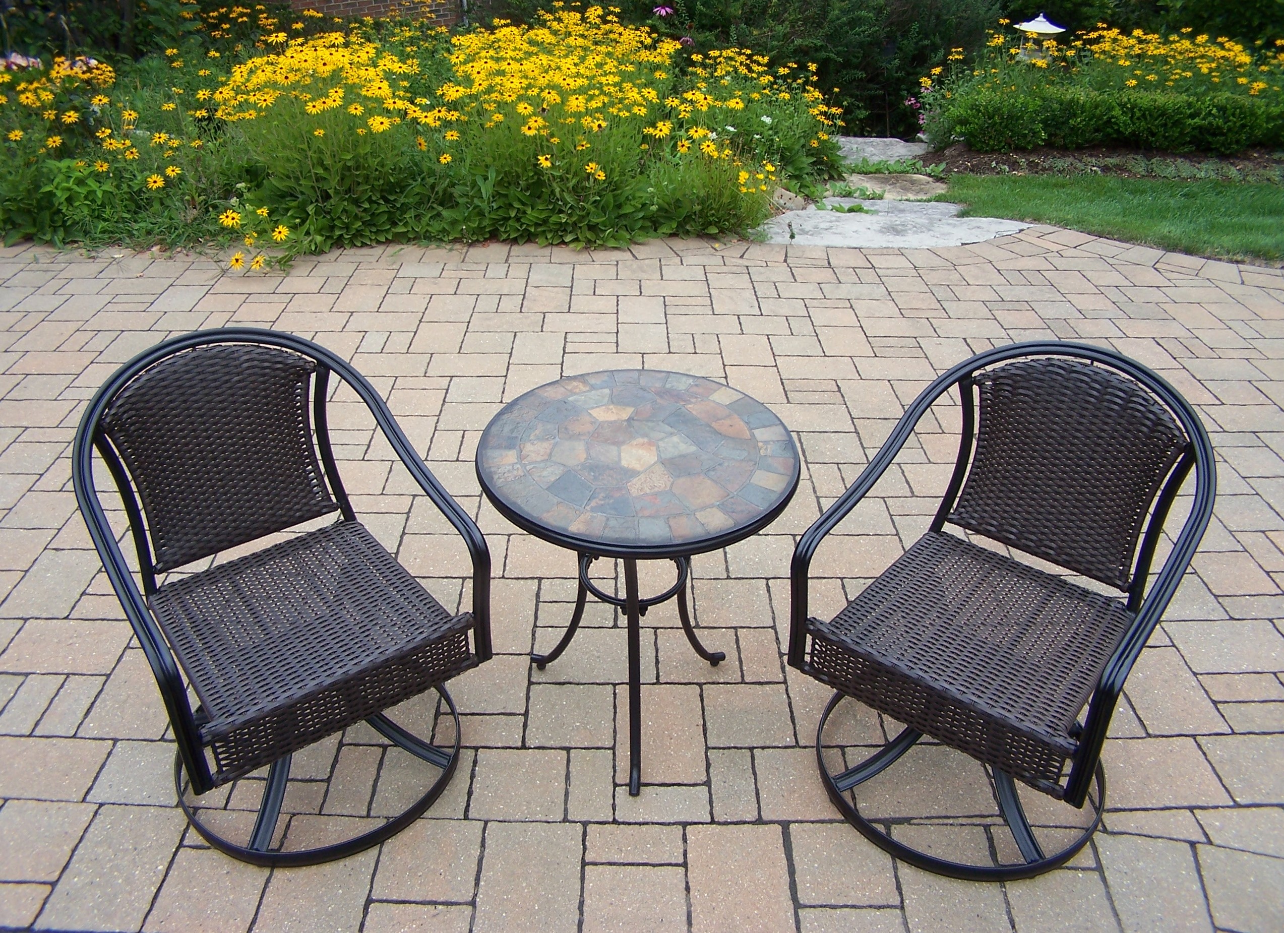 Stone Art 3 Pc. Bistro Set w/ 24-inch Table and 2 Swivel woven wicker chairs
