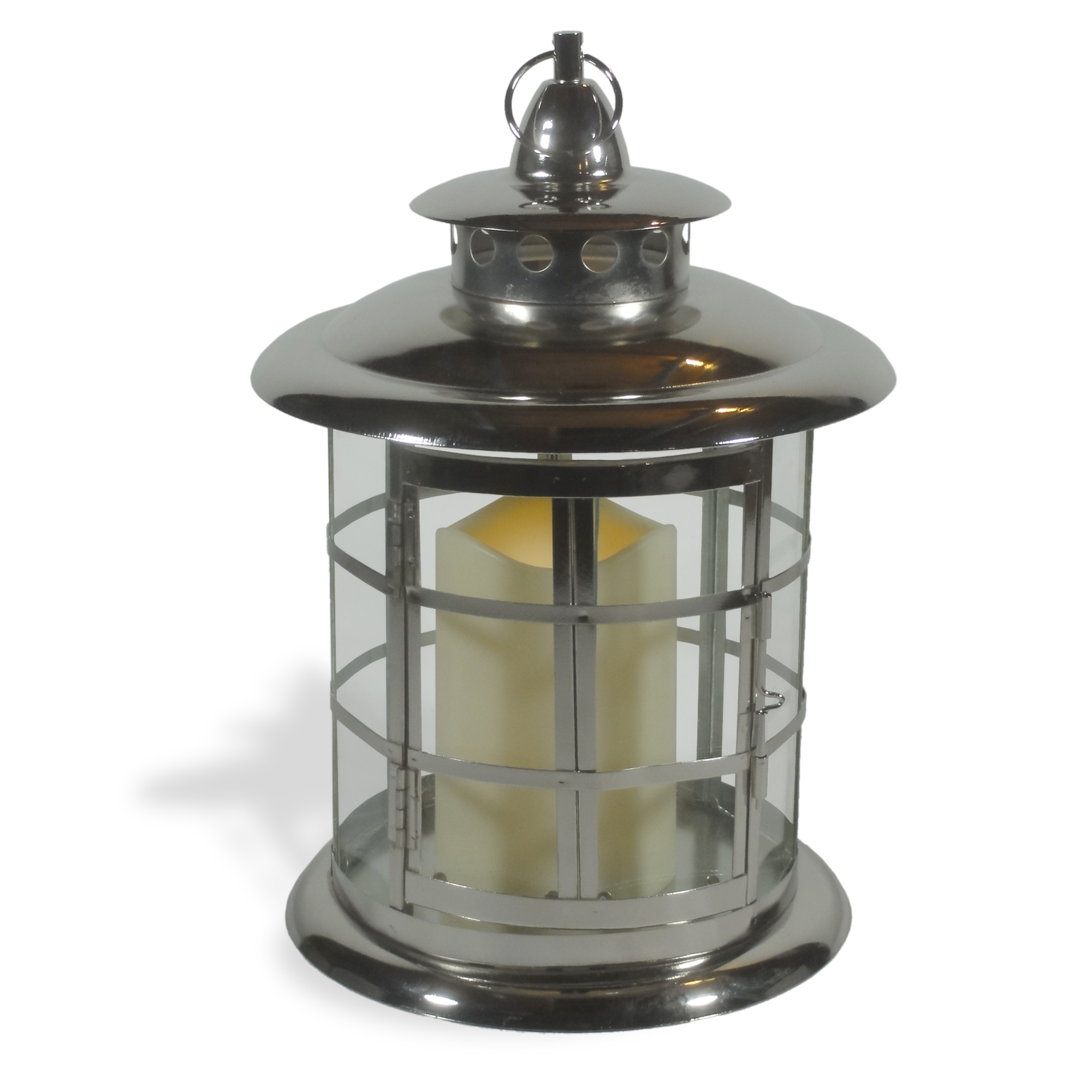 Pacific D&eacute;cor 11"H x 7" Round Metal and Glass Lantern with 3x4" LED Candle