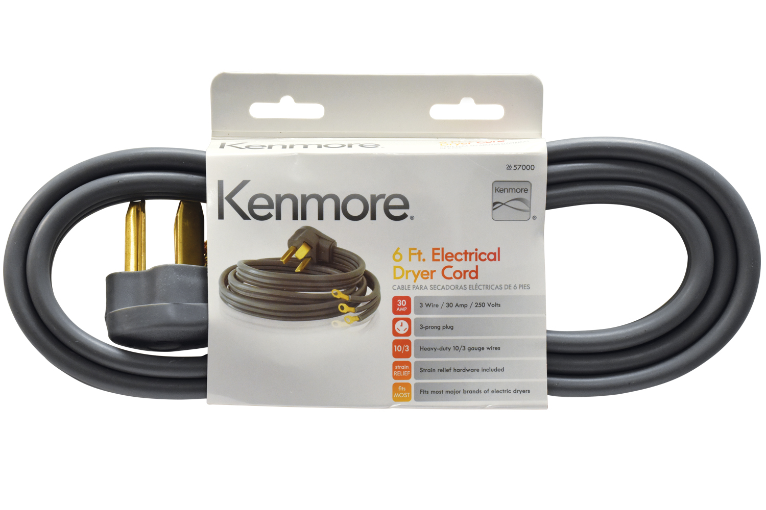 Kenmore 99920 57000 3 Prong 6 Flat Dryer Cord Gray