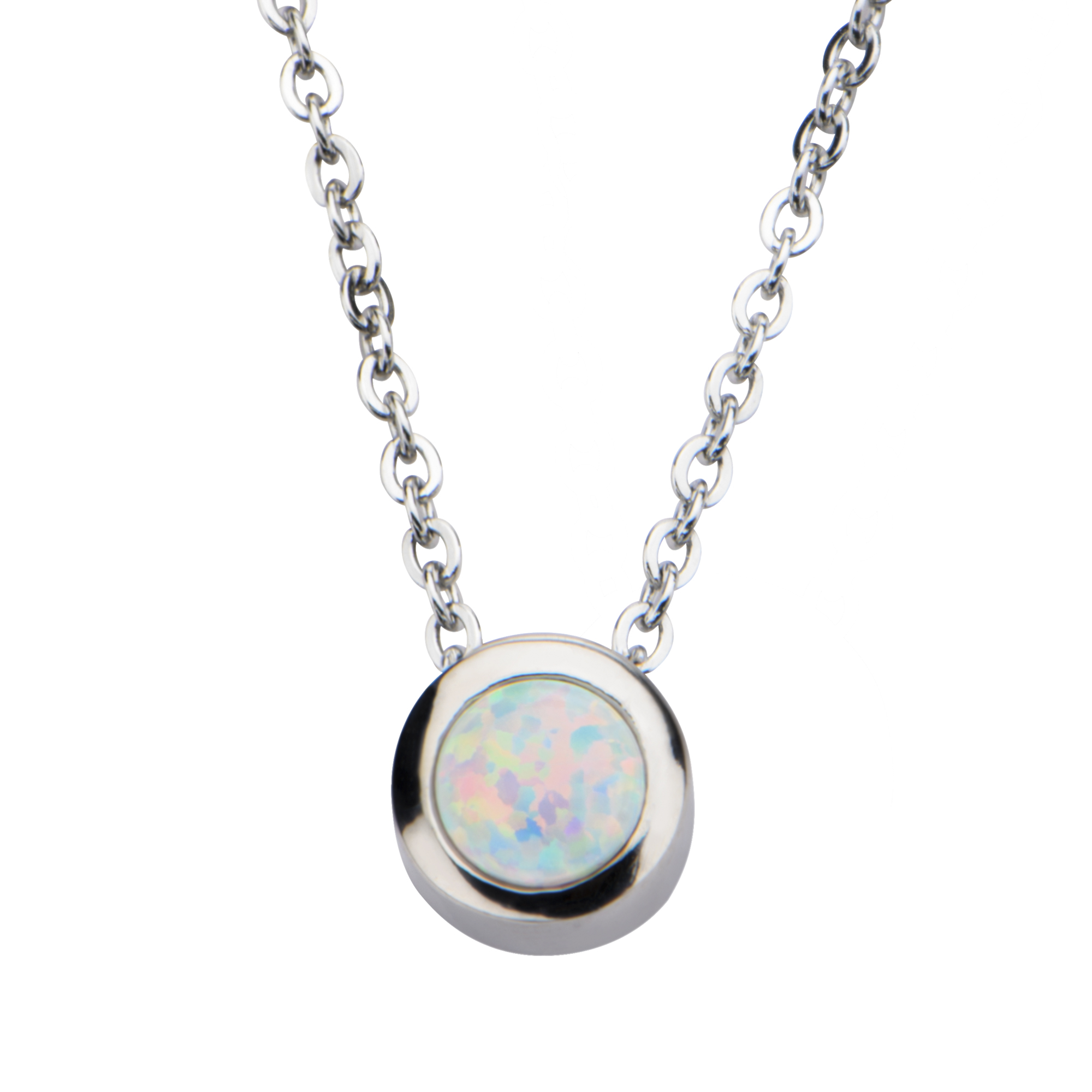 Inox Jewelry Women's Stainless Steel Bezel Set White Synthetic Opal Stainless Steel Necklace For Women