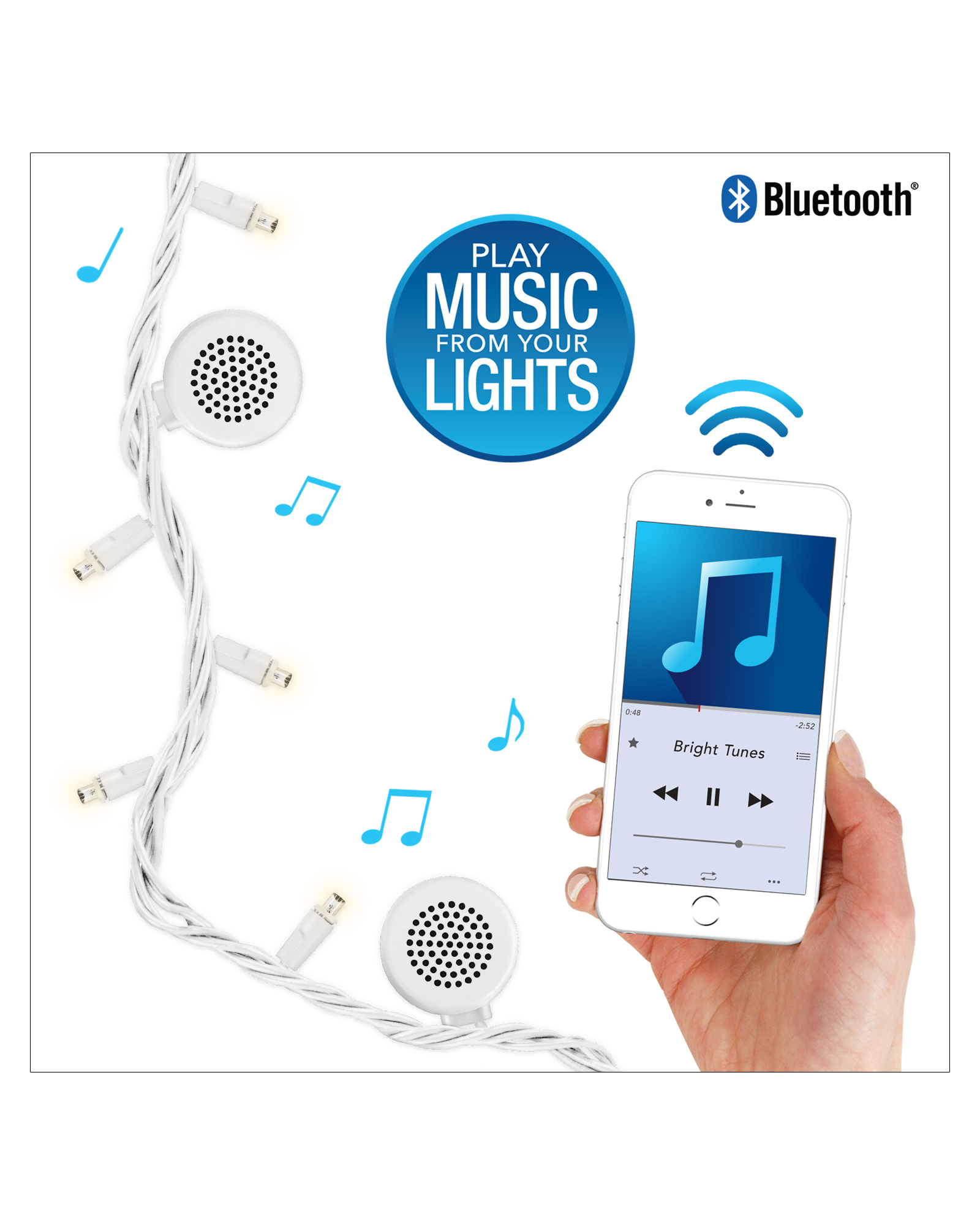 Bright Tunes Indoor/Outdoor White LED String Lights with Bluetooth Speakers, White Cord