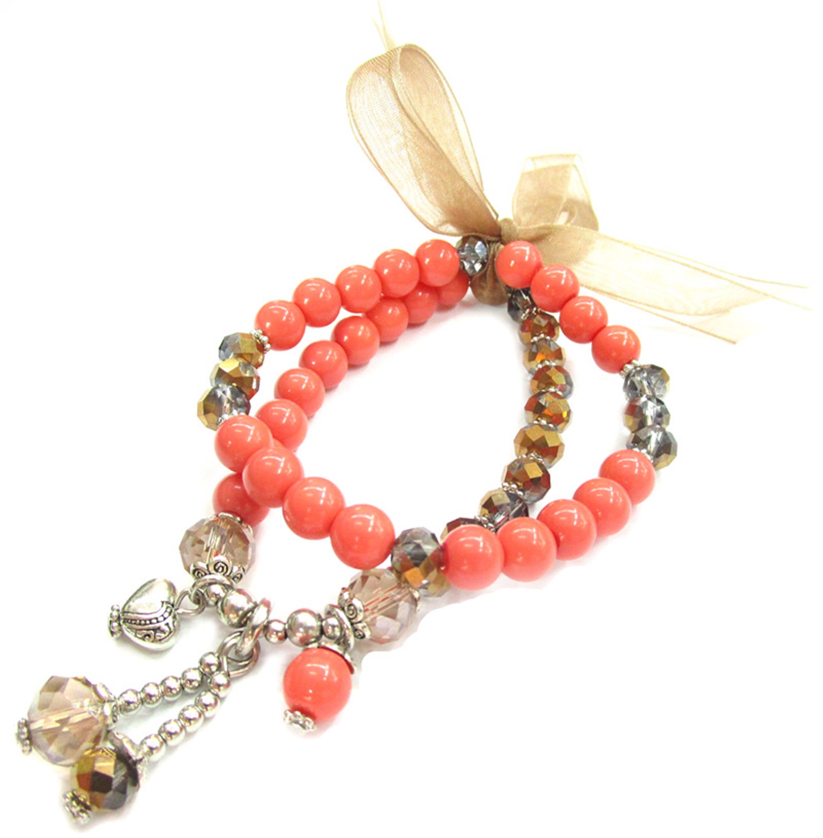 2 Piece Set Stretch Bracelets with Charms in 8mm Simulated Coral and Simulated Crystals with Ribbon Bow
