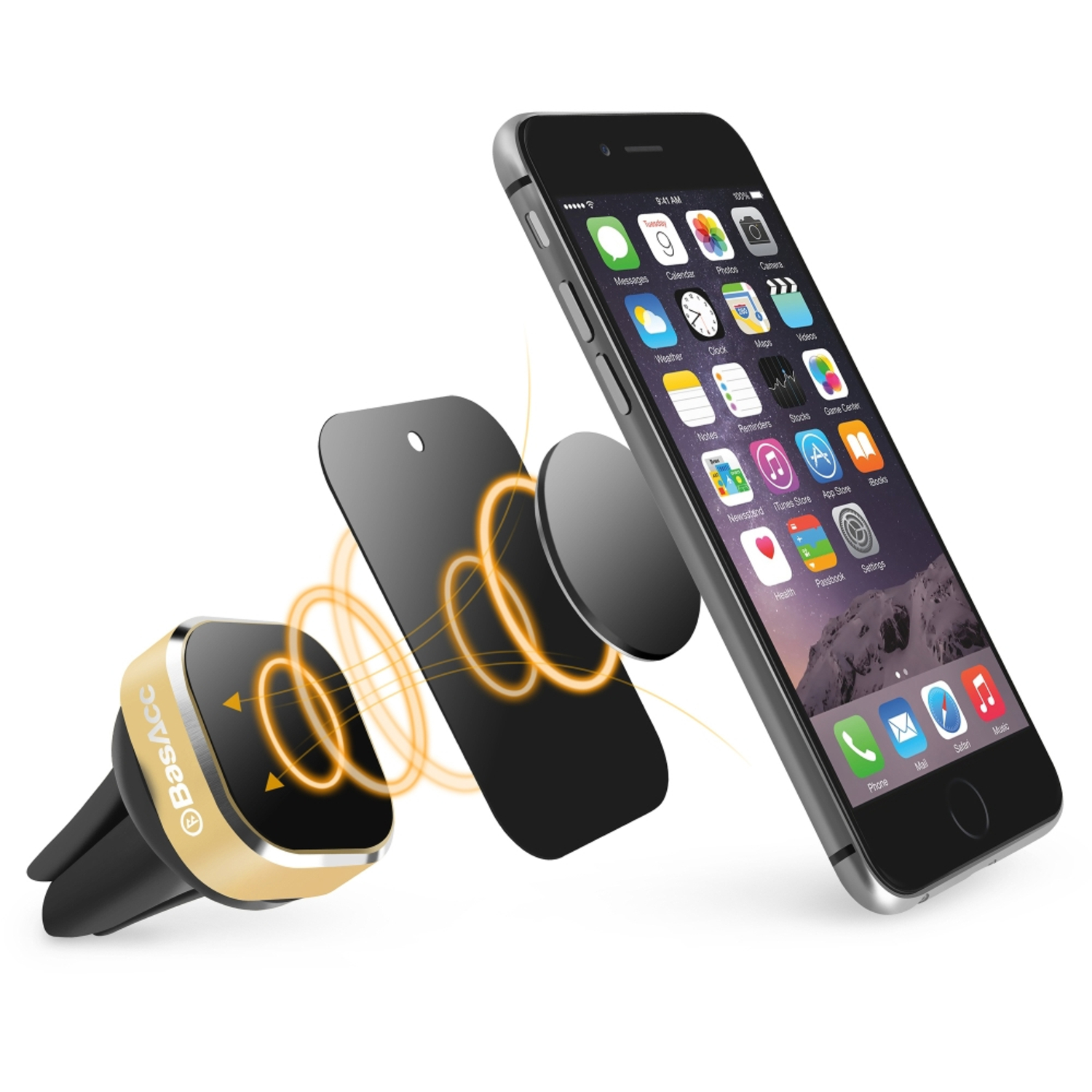 BasAcc Universal Magnetic Car Mount Air Vent Phone Holder For Smartphones & Mini Tablets Up to 7 Inches, Black\/Gold