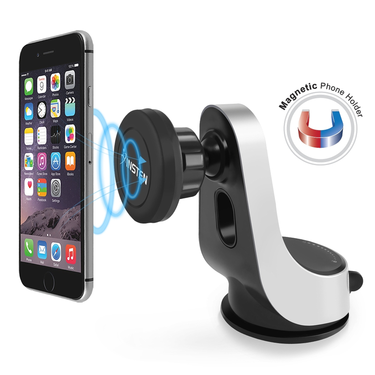 Insten Universal Magnetic Windshield Dashboard Car Mount Phone Holder For Smartphones & Mini Tablets Up to 7 Inches, Black\/Silver