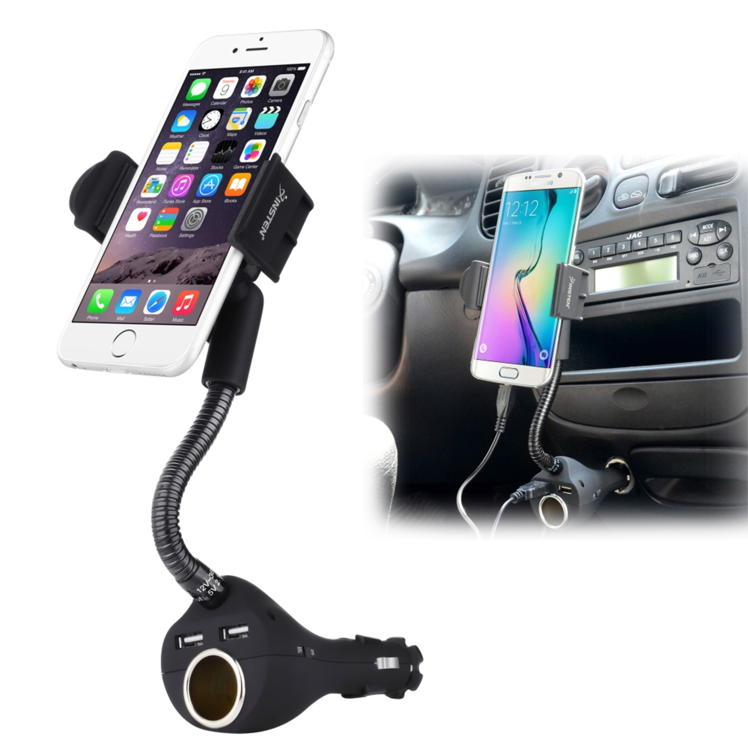 Insten Universal Car Mount Phone Holder w\/2-Port USB Charger & Socket For iPhone Galaxy S7 Edge Phones Width Up to 3.35 Inches, Black