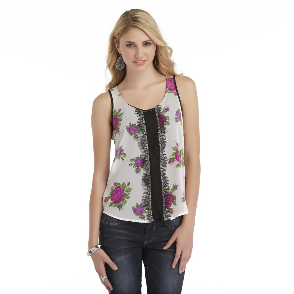 Junior's Sheer Lace-Front Tank Top - Floral