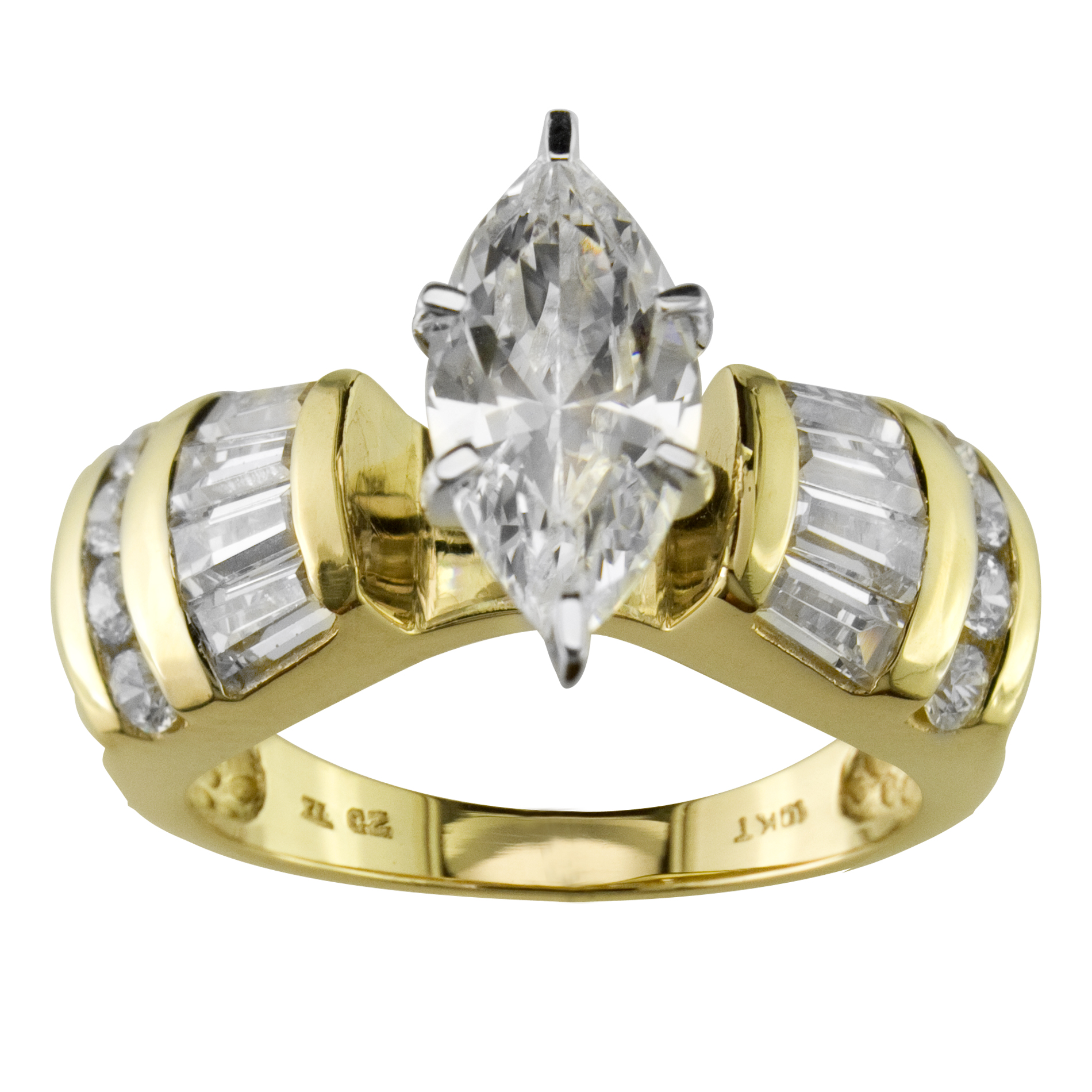 Cubic Zirconia Marquise Center with Baguette and Round Accents Ring in 10K Yellow Gold.