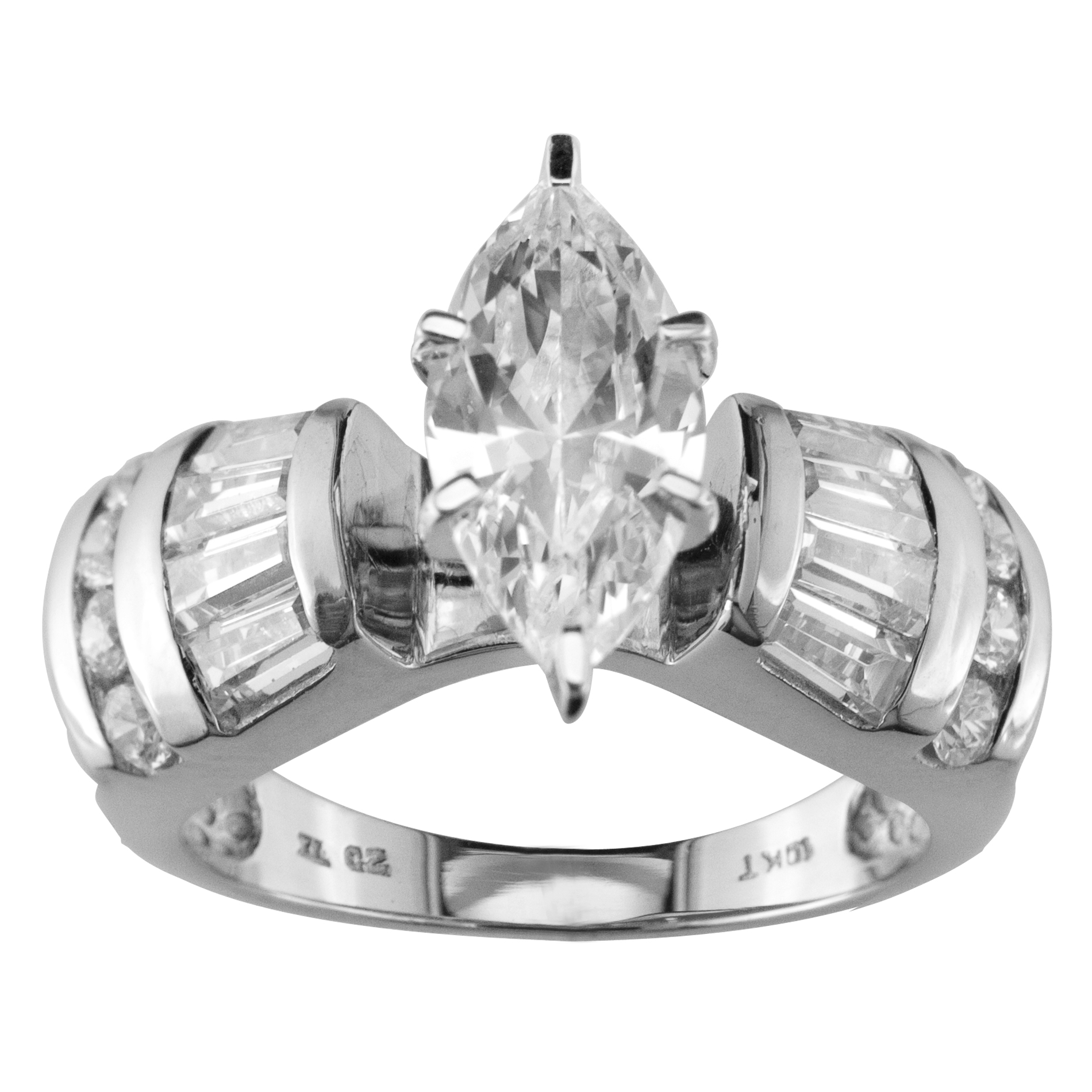 Cubic Zirconia Marquise Center with Baguette and Round Accents Ring in 10K White Gold.