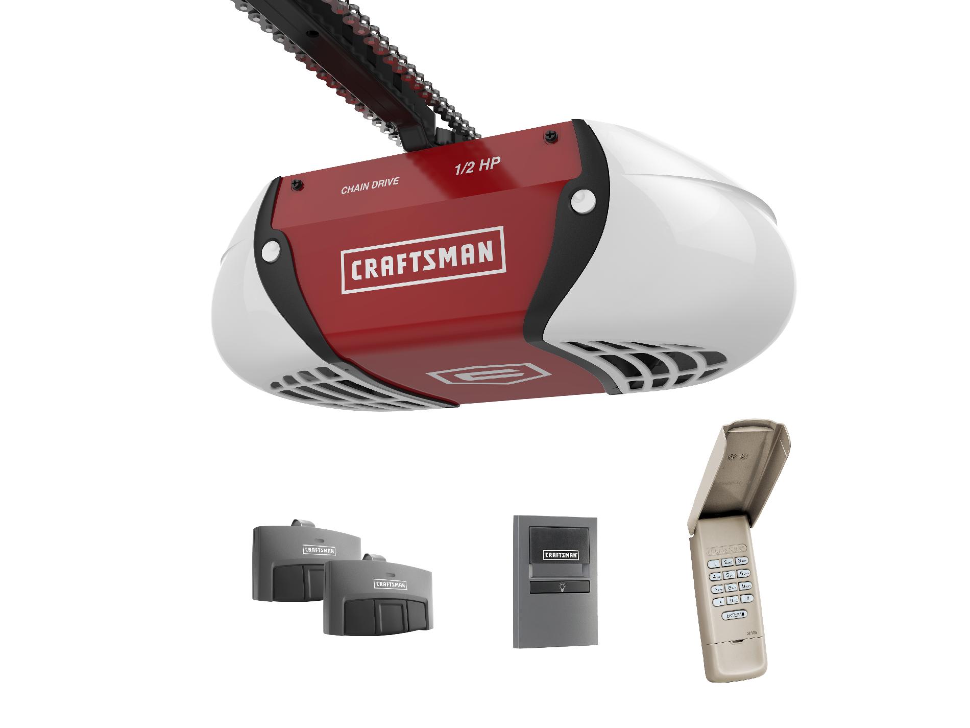 Craftsman ½ HP Chain Drive Garage Door Opener with two MultiFunction Remotes and Keypad Tools