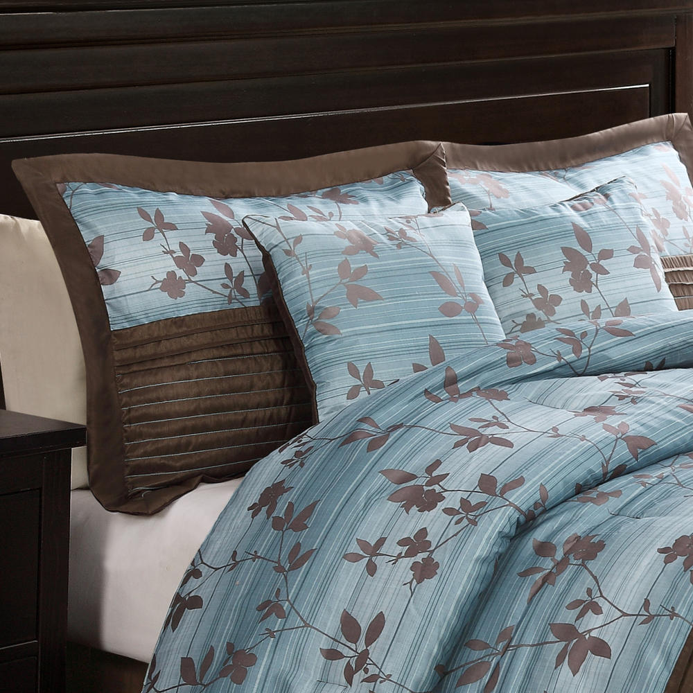 Chocolate Aqua Pleat Comforter Set with 4 Bonus Pillows