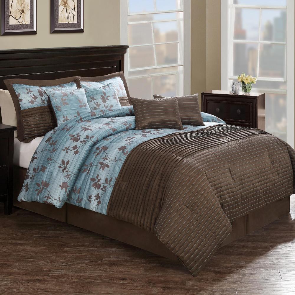 Chocolate Aqua Pleat Comforter Set with 4 Bonus Pillows