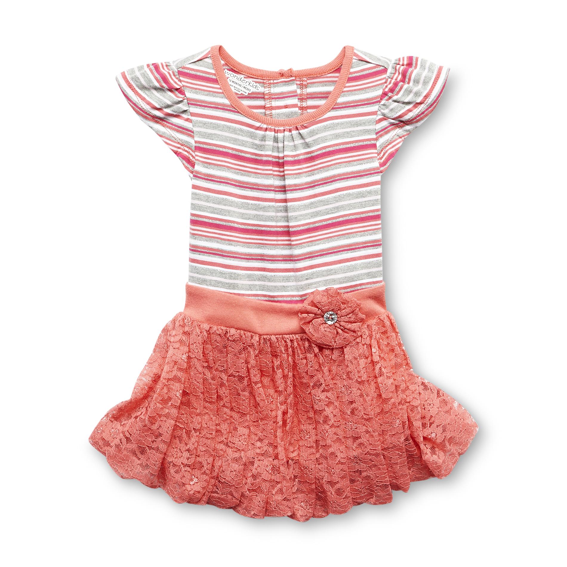 Infant & Toddler Girl's Flutter-Sleeve Dress - Striped & Lace