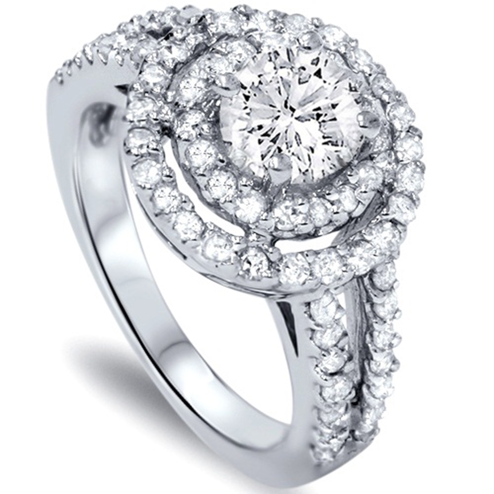 SI 1.25CT Round Diamond Double Halo Engagement Ring Vintage 14K White Gold
