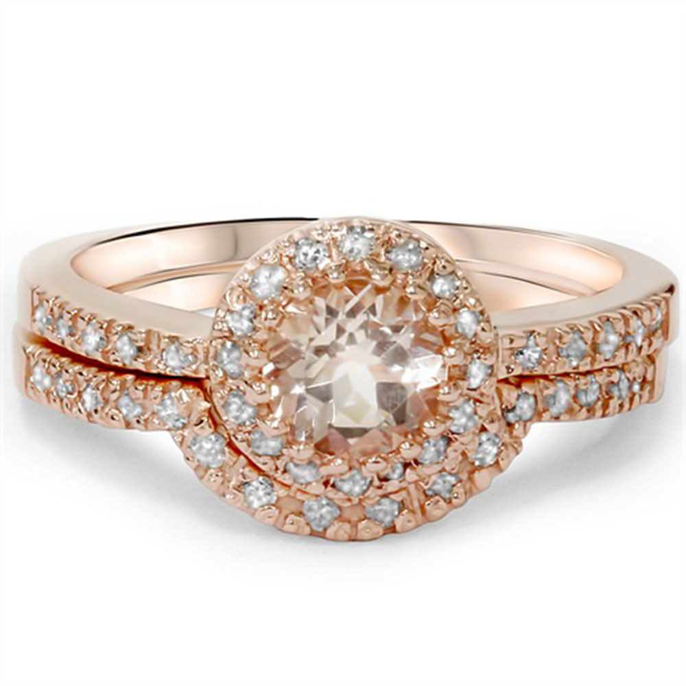 1.00 Cttw Morganite & Diamond Engagement Ring Matching Wedding Set 14K Rose Gold