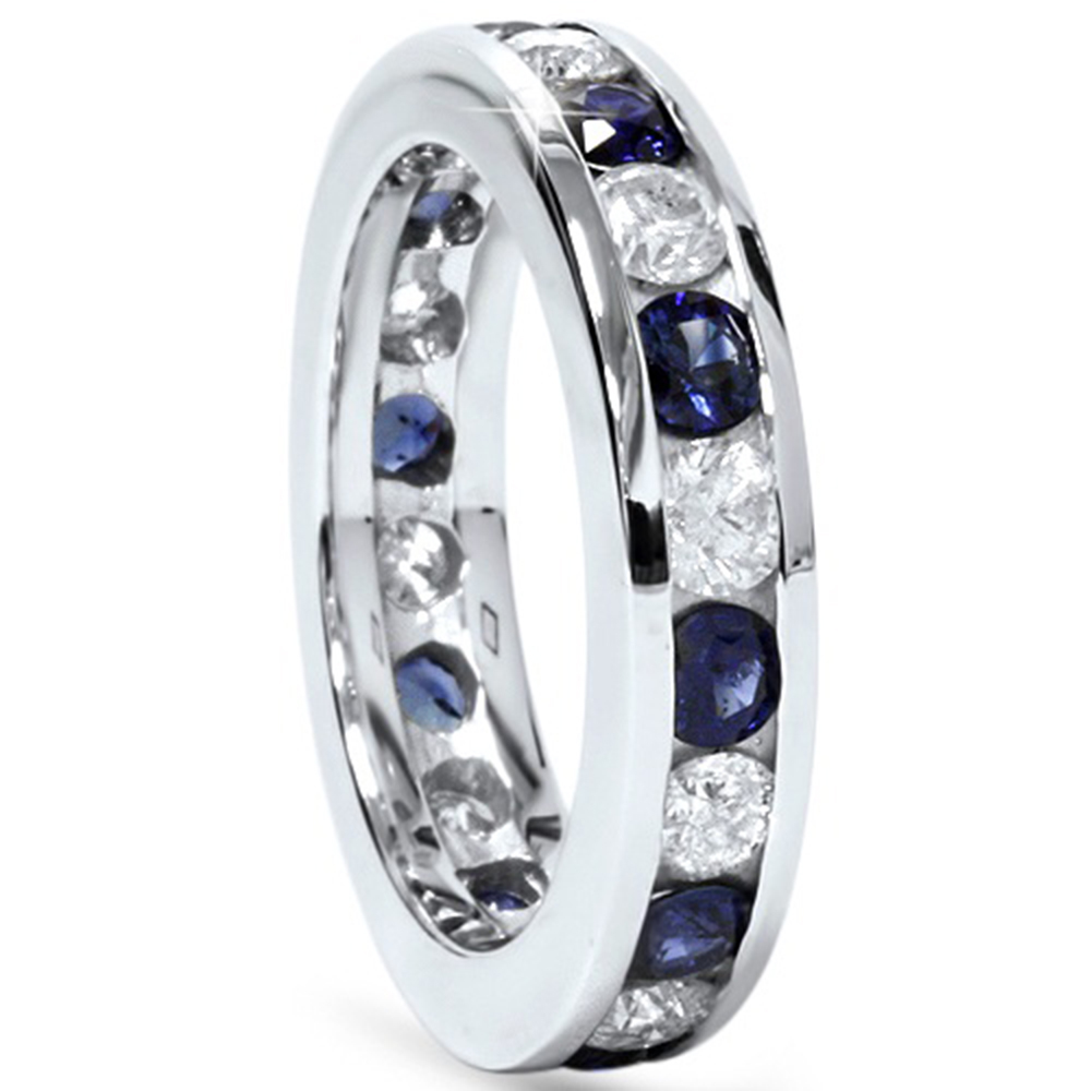Genuine 2.00CT Womens Blue Sapphire Round Channel Set Eternity Ring Wedding Band