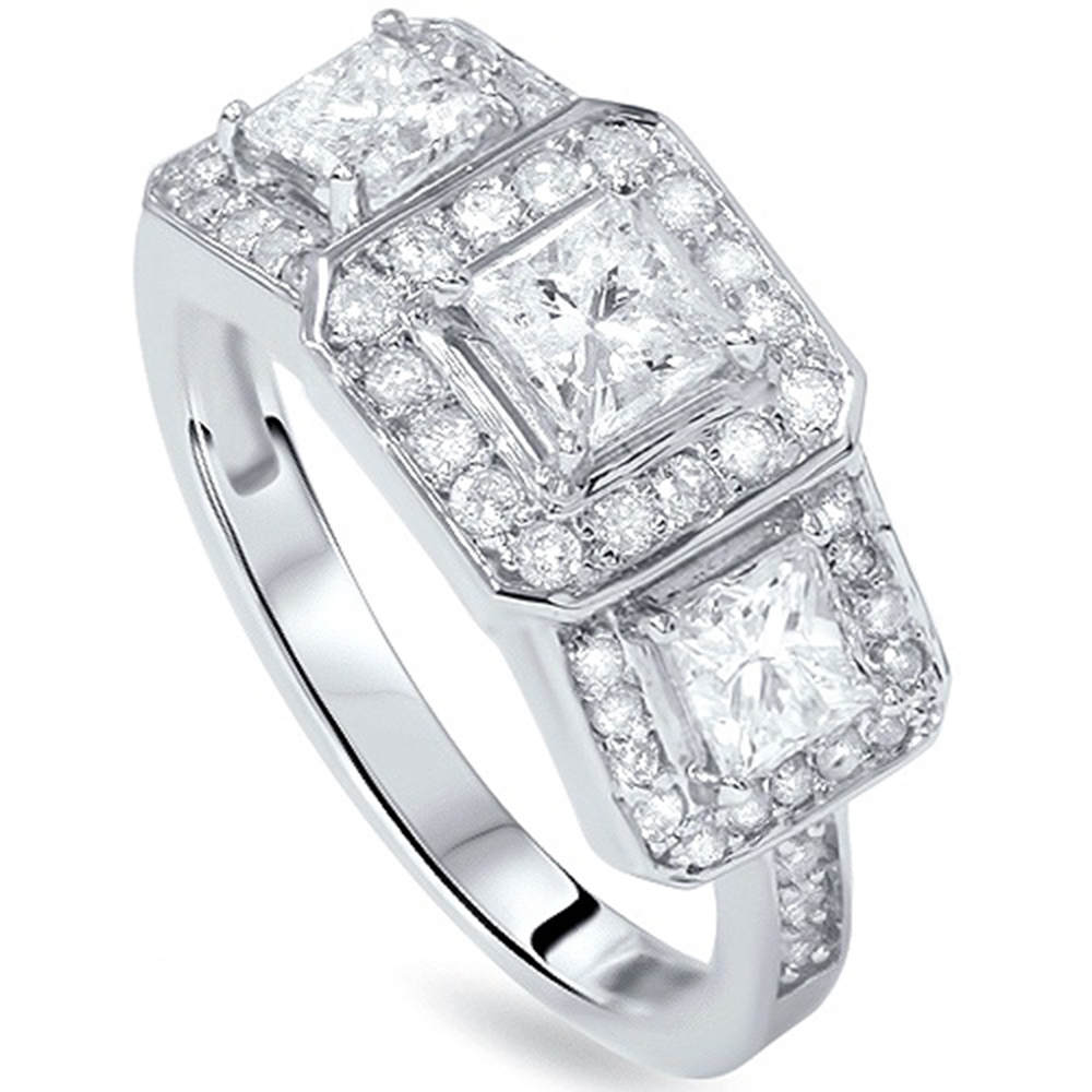 1.40CT Princess Cut Diamond 3-Stone Ring 14K White Gold