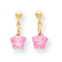 14KT Flower Pink Cubic Zirconia Childrens Earrings - Measures 15x7mm