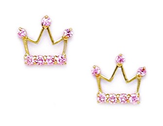 14KT Yellow Gold Pink Cubic Zirconia Medium Crown Screwback Earrings - Measures 9x10mm