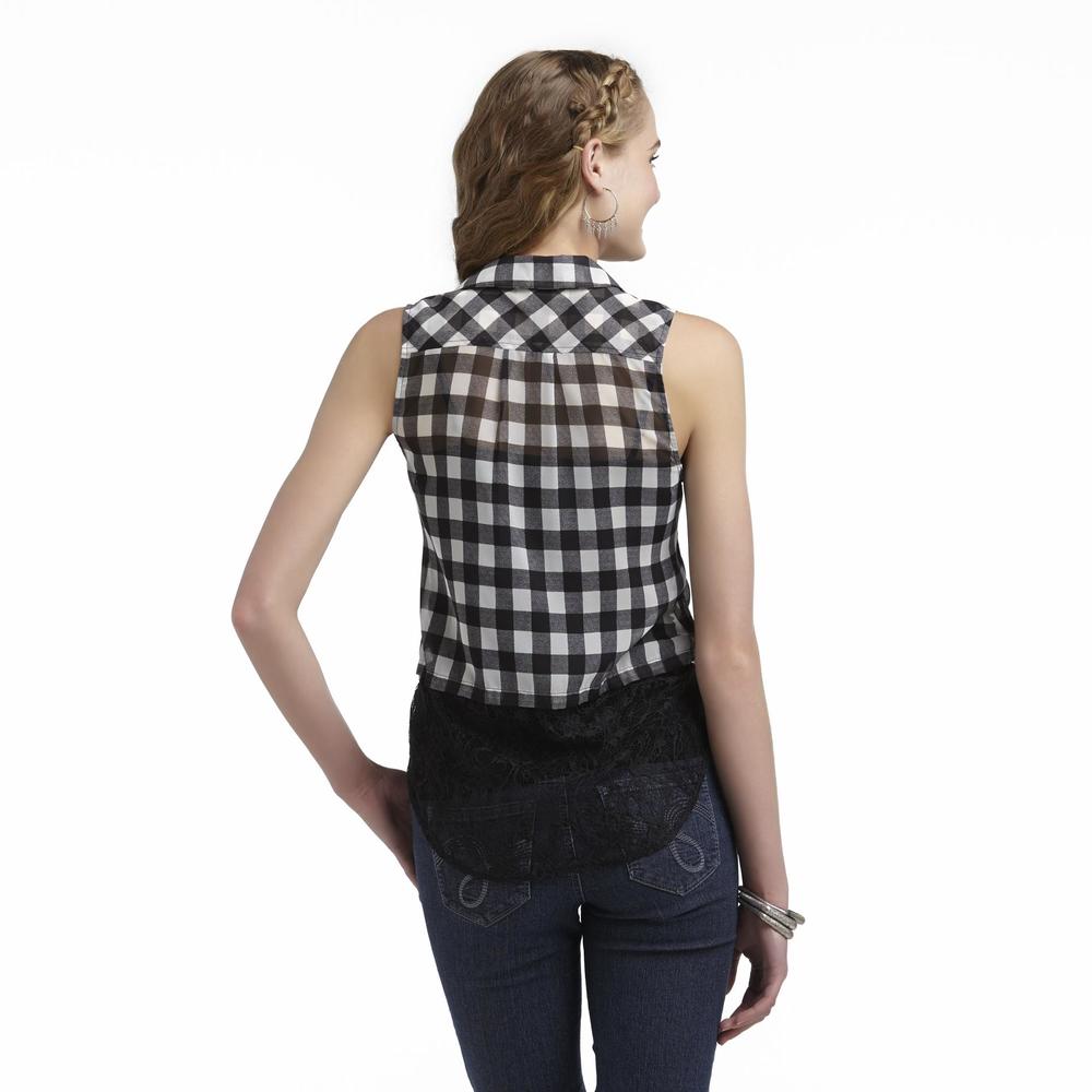 Junior's Sleeveless Button-Front Top - Plaid & Lace