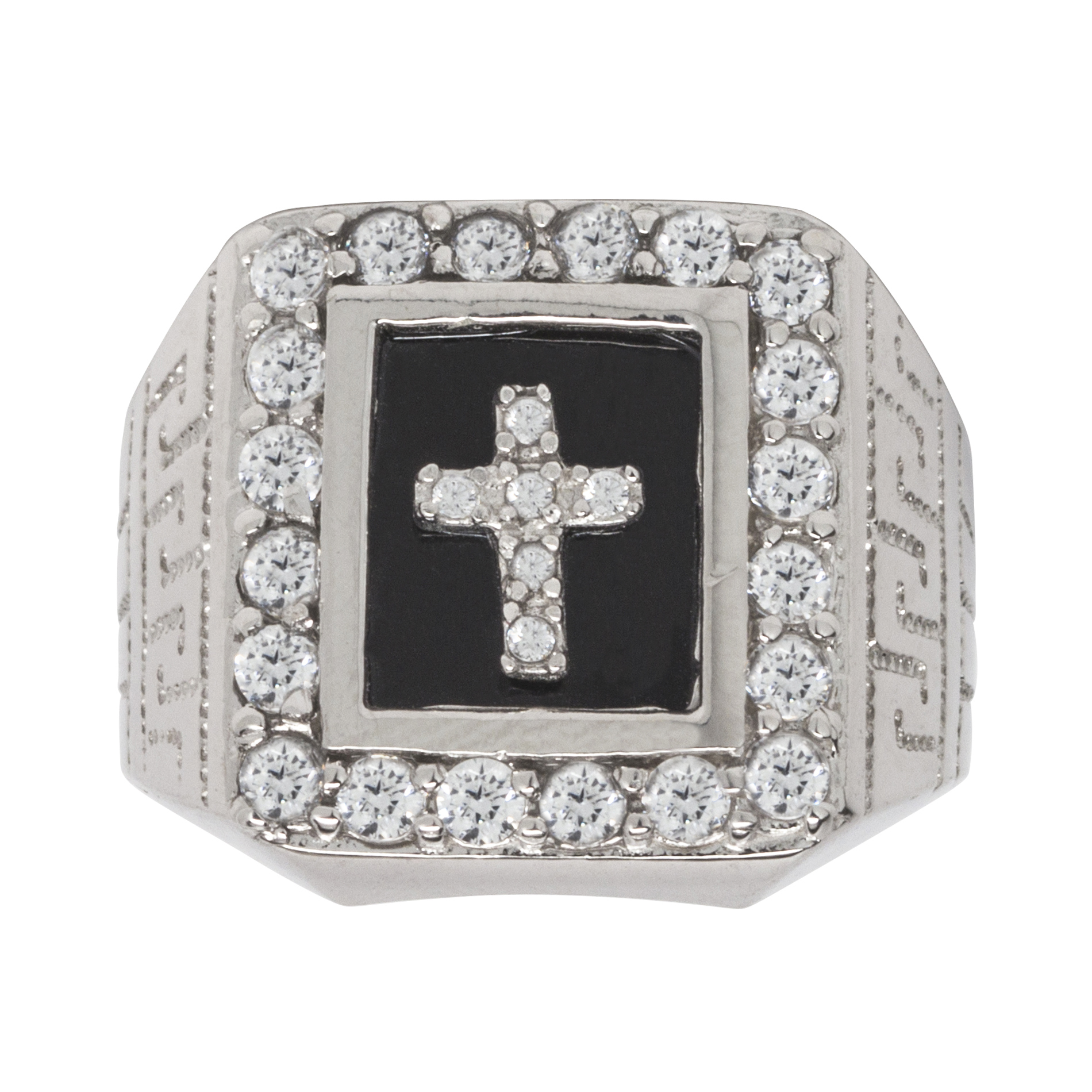 Sterling Silver Onyx and CZ Cross Mens Ring