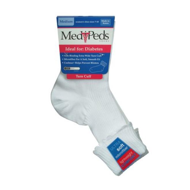 MediPeds Women's Diabetic Turn Cuff SockWhite 3 Pair