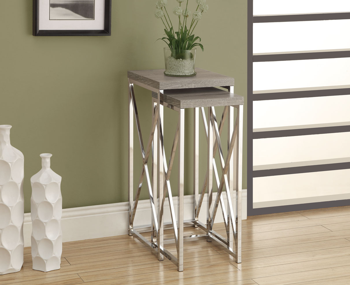 ACCENT TABLE - 2PCS SET / DARK TAUPE WITH CHROME METAL