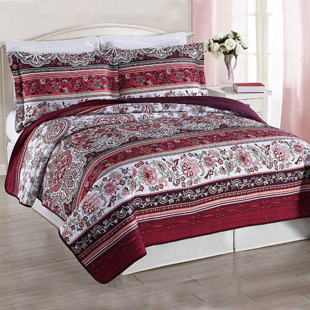 Burgundy Floral Scroll Quilt Set with Sham(s)