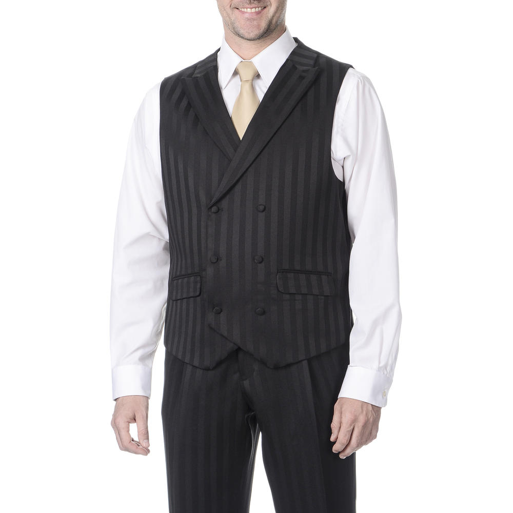Men's Black Mat Vested 3 Piece Tonal Stripe Suit