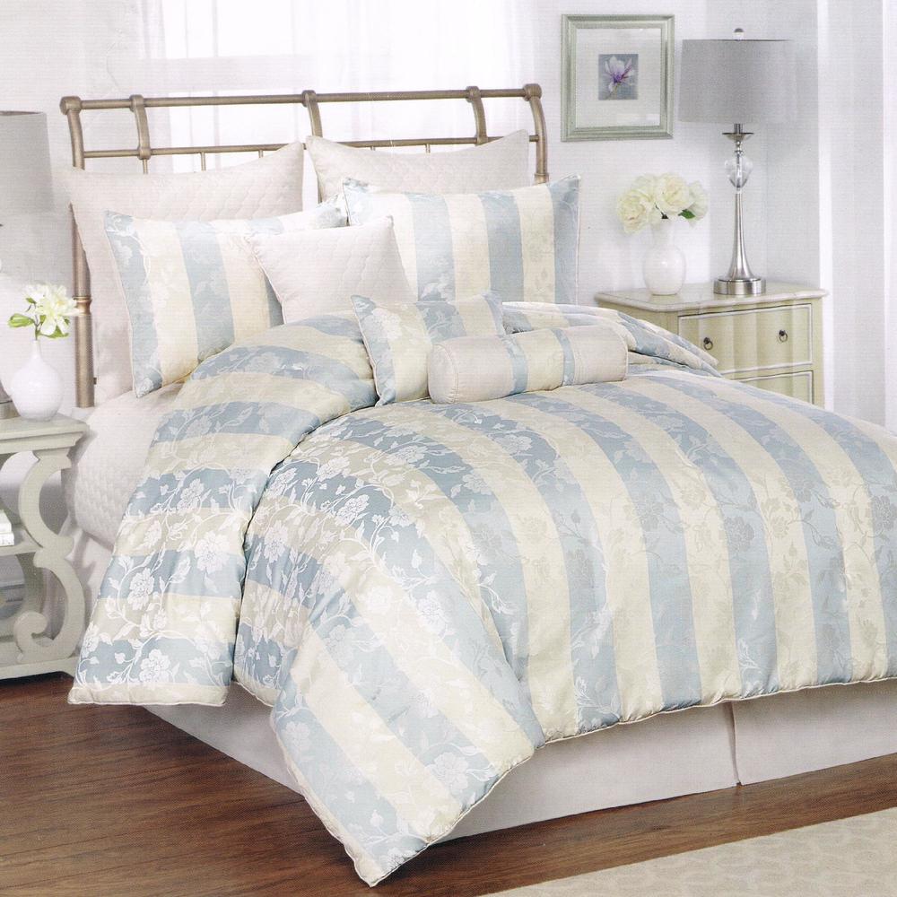Aqua and Ivory Floral Stripe 10-Piece Comforter Set