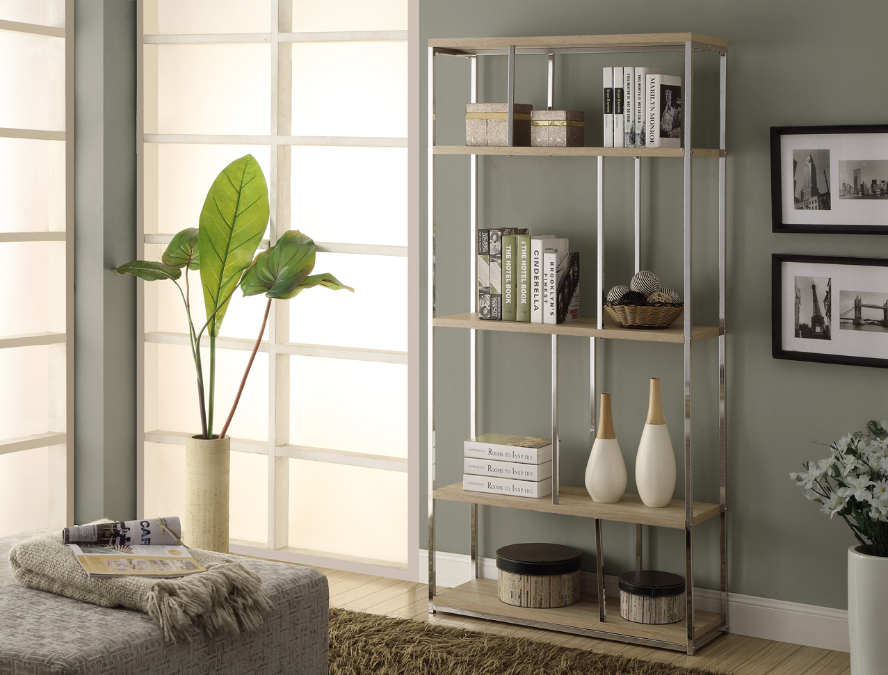 BOOKCASE - 72"H / NATURAL WITH CHROME METAL