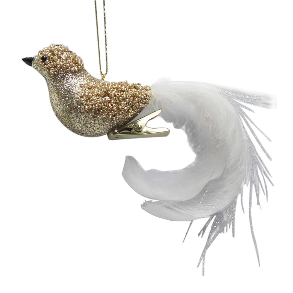 Glitter Champagne Beaded Bird Ornament