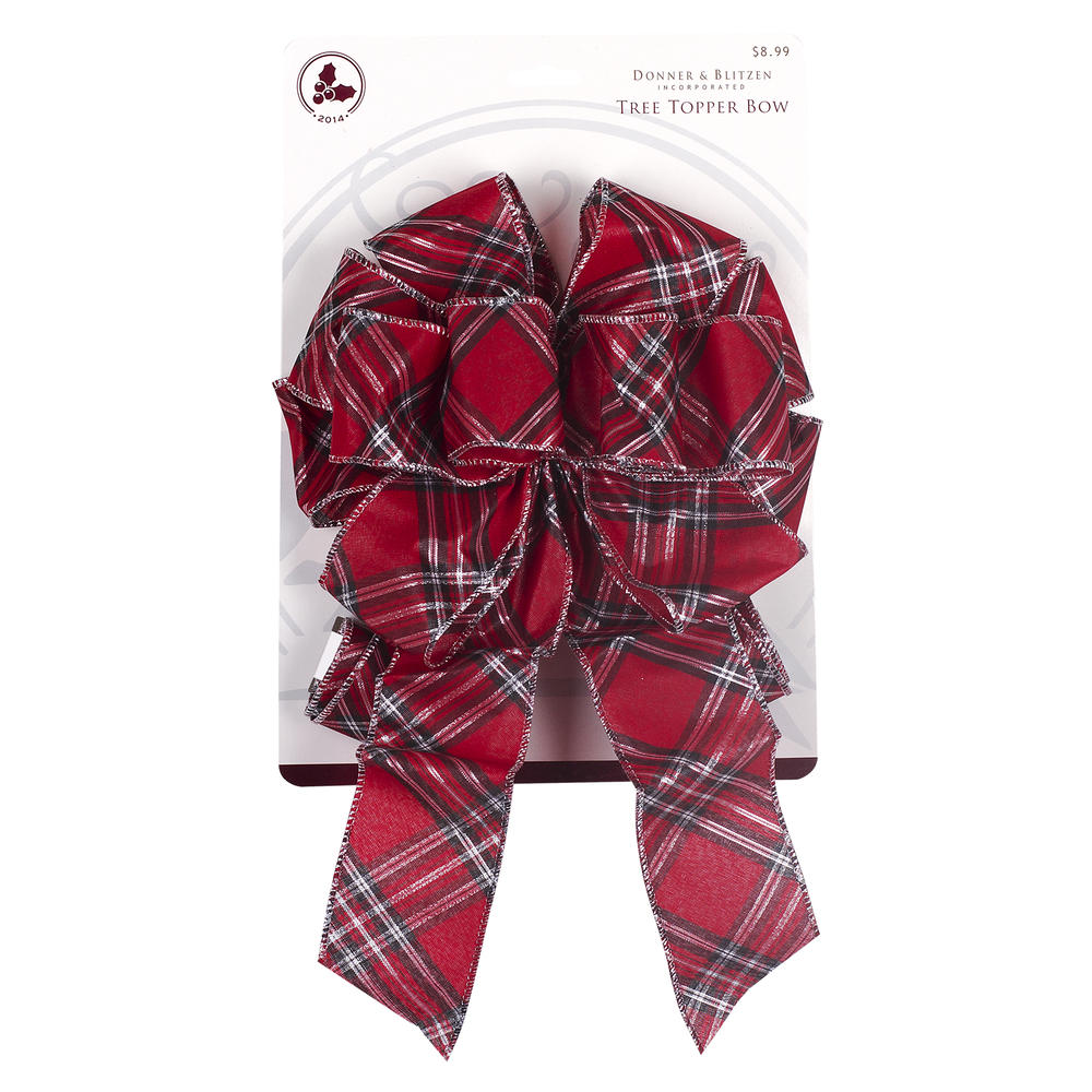 DONNER & BLITZEN Tree Topper Bow Woven Red, White and Charcoal Plaid 8" x 34"