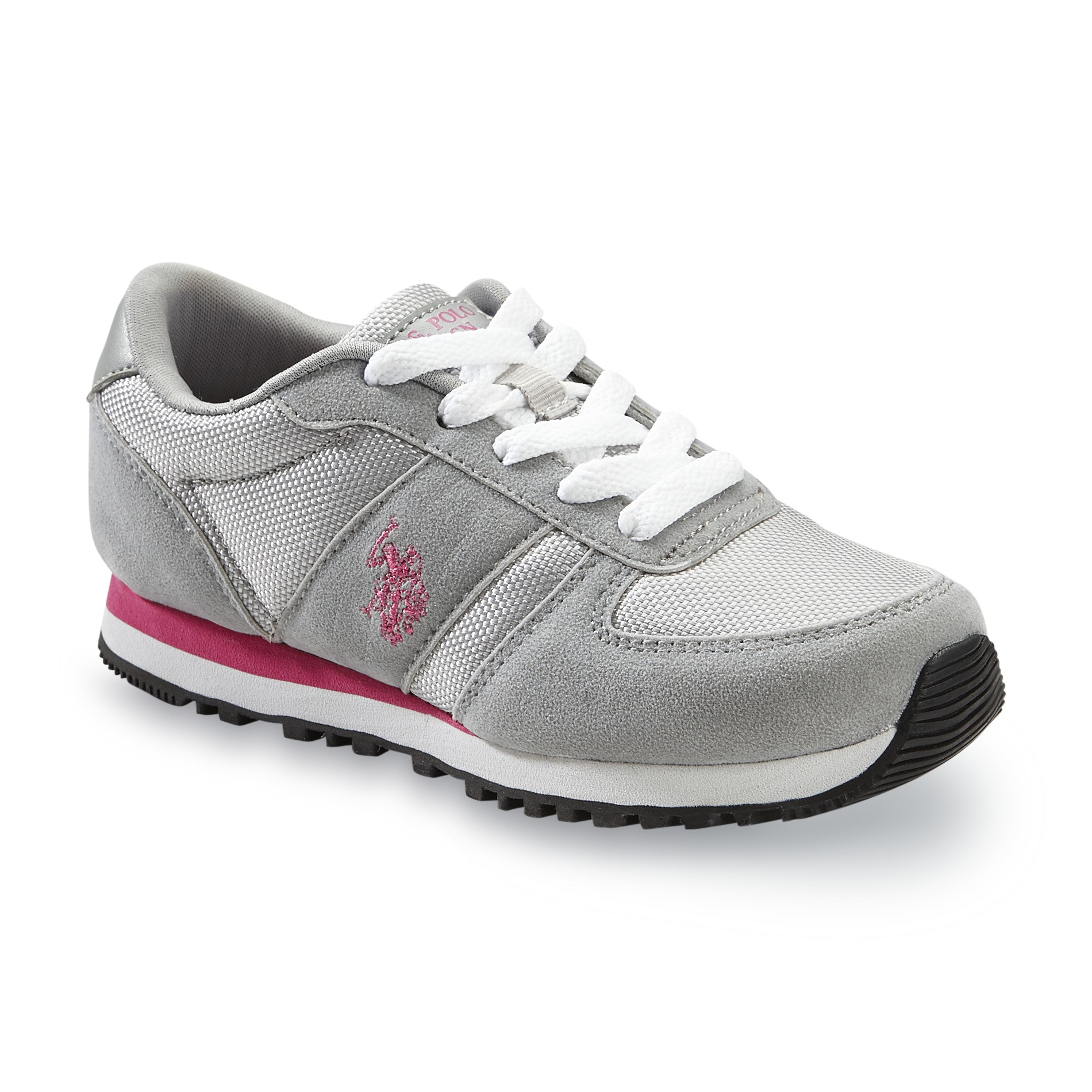 grey and pink running shoes