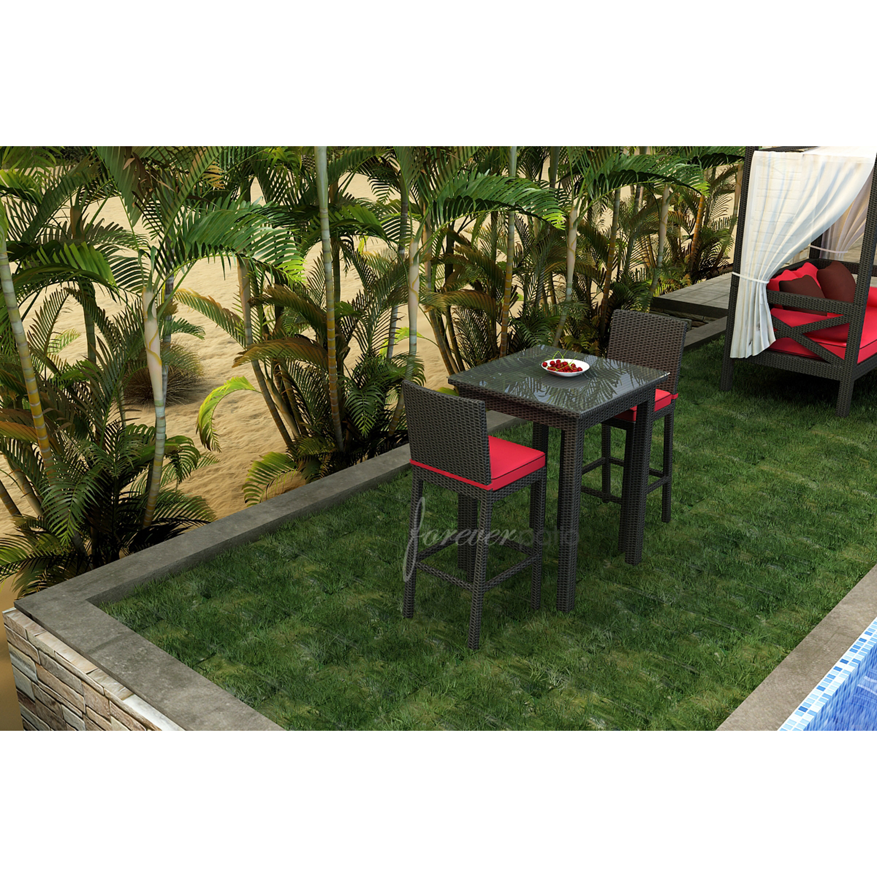 Barbados 3pc Bar Height Outdoor Patio Bar Set with Sunbrella&reg; Flagship Ruby Cushions
