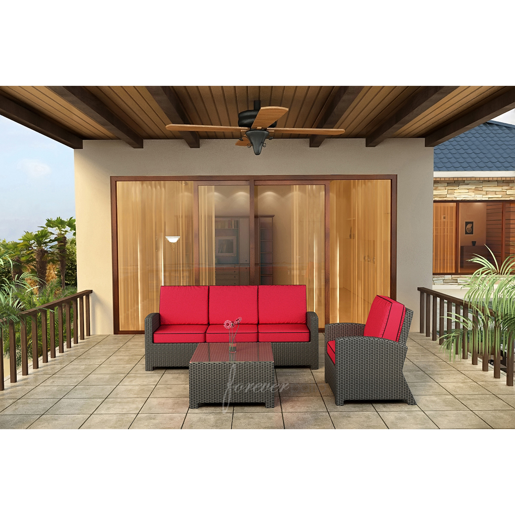 Barbados 3pc Patio Sofa Set featuring Sunbrella&reg; Fabric in Flagship Ruby