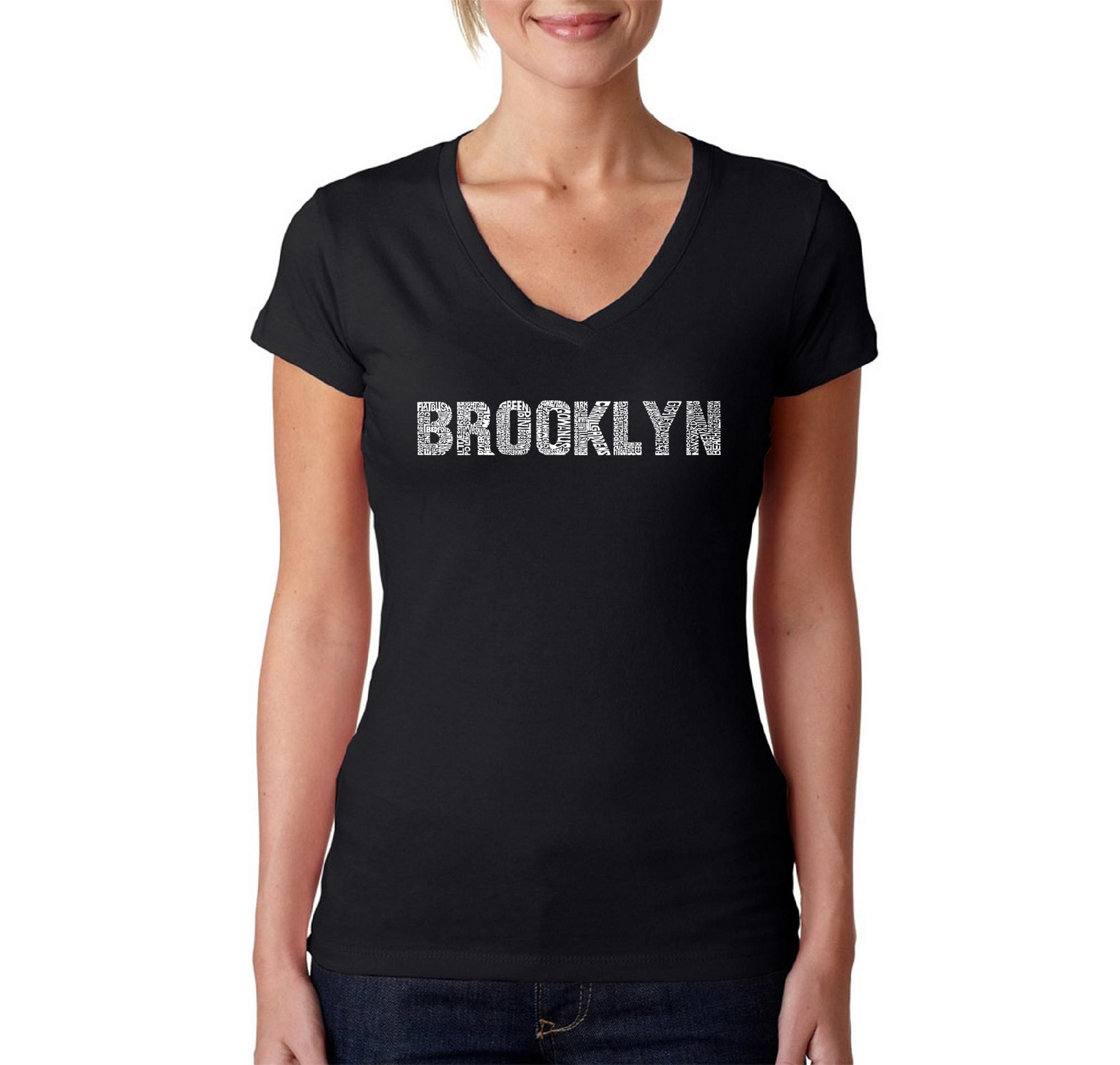 Los Angeles Pop Art Women's Word Art V-Neck T-shirt - Brooklyn Neighborhoods - Online Exclusive, Size: Large, Black Los Angeles Pop Art Women's Word Art V-Neck T-shirt - Brooklyn Neighborhoods - Online Exclusive, Size: Large, Black
