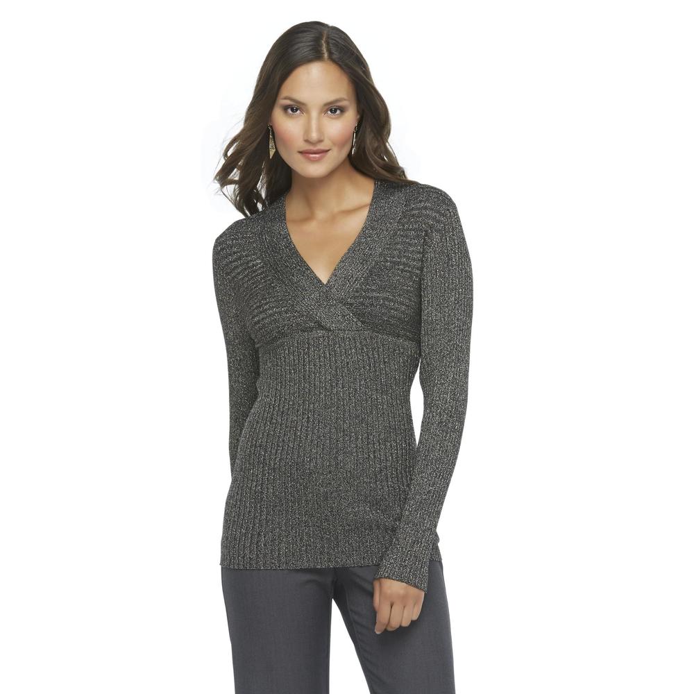 Women's Ribbed V-Neck Sweater - Metallic