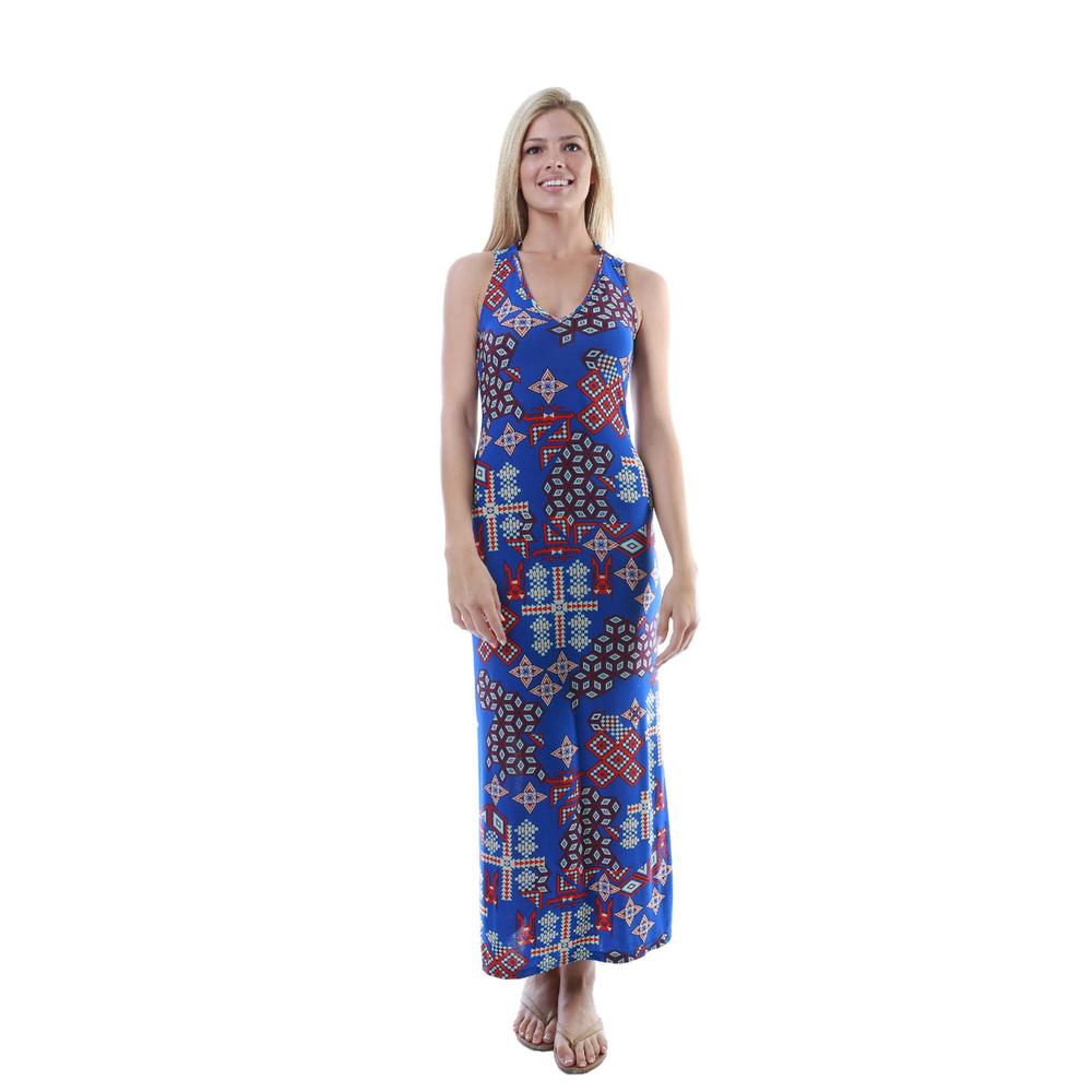 24&#47;7 Comfort Apparel Women's Absract Sapphire Print Maxi Dress
