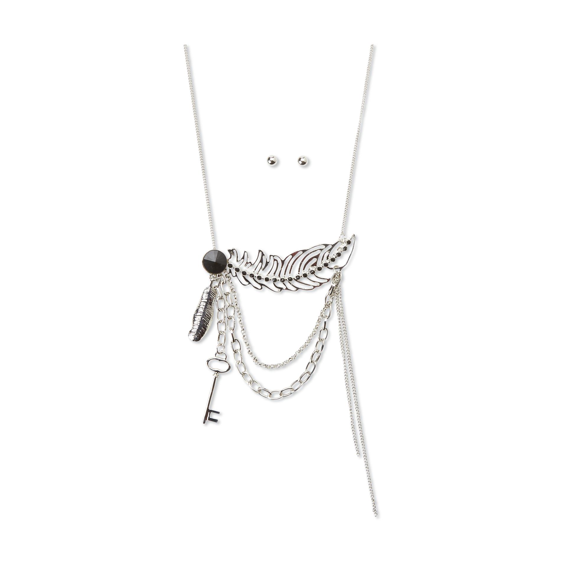 Junior's Silvertone Feather Necklace & Earrings