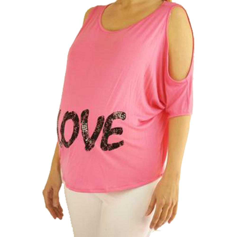 Maternity Cold shoulder dolman top with &#8220;Love&#8221; in lace lettering.