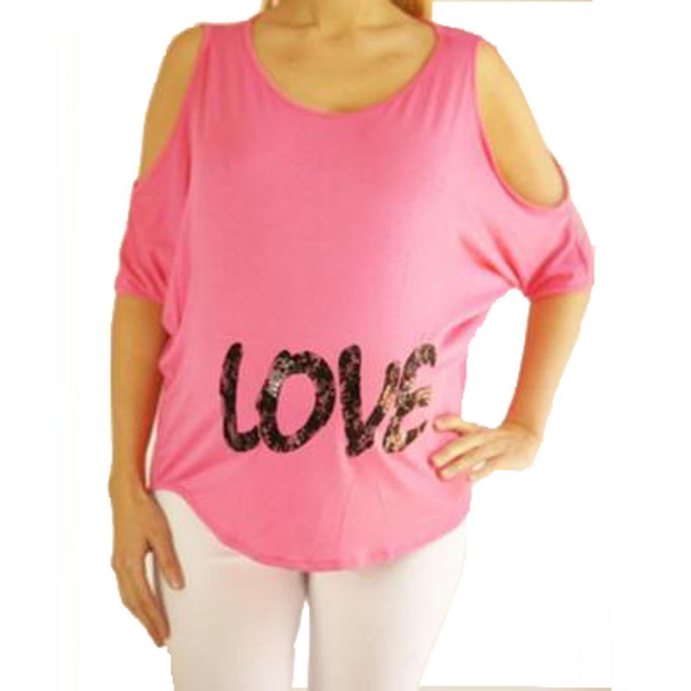 Maternity Cold shoulder dolman top with &#8220;Love" in lace lettering.