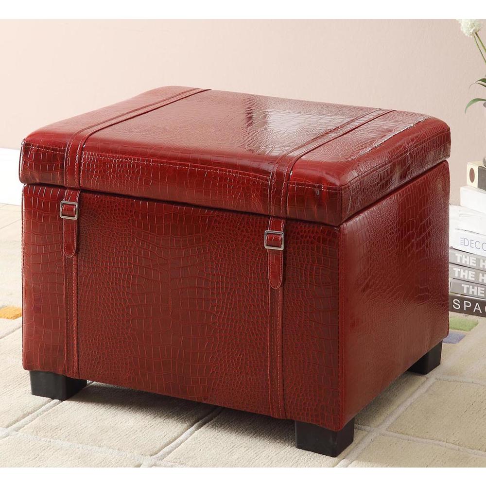 Faux Leather Storage Ottoman in Red Crocodile